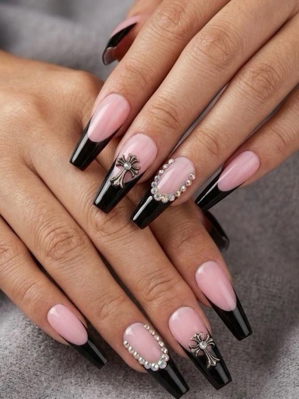 Pink and Black Rhinestone Accent Acrylic Nails Set